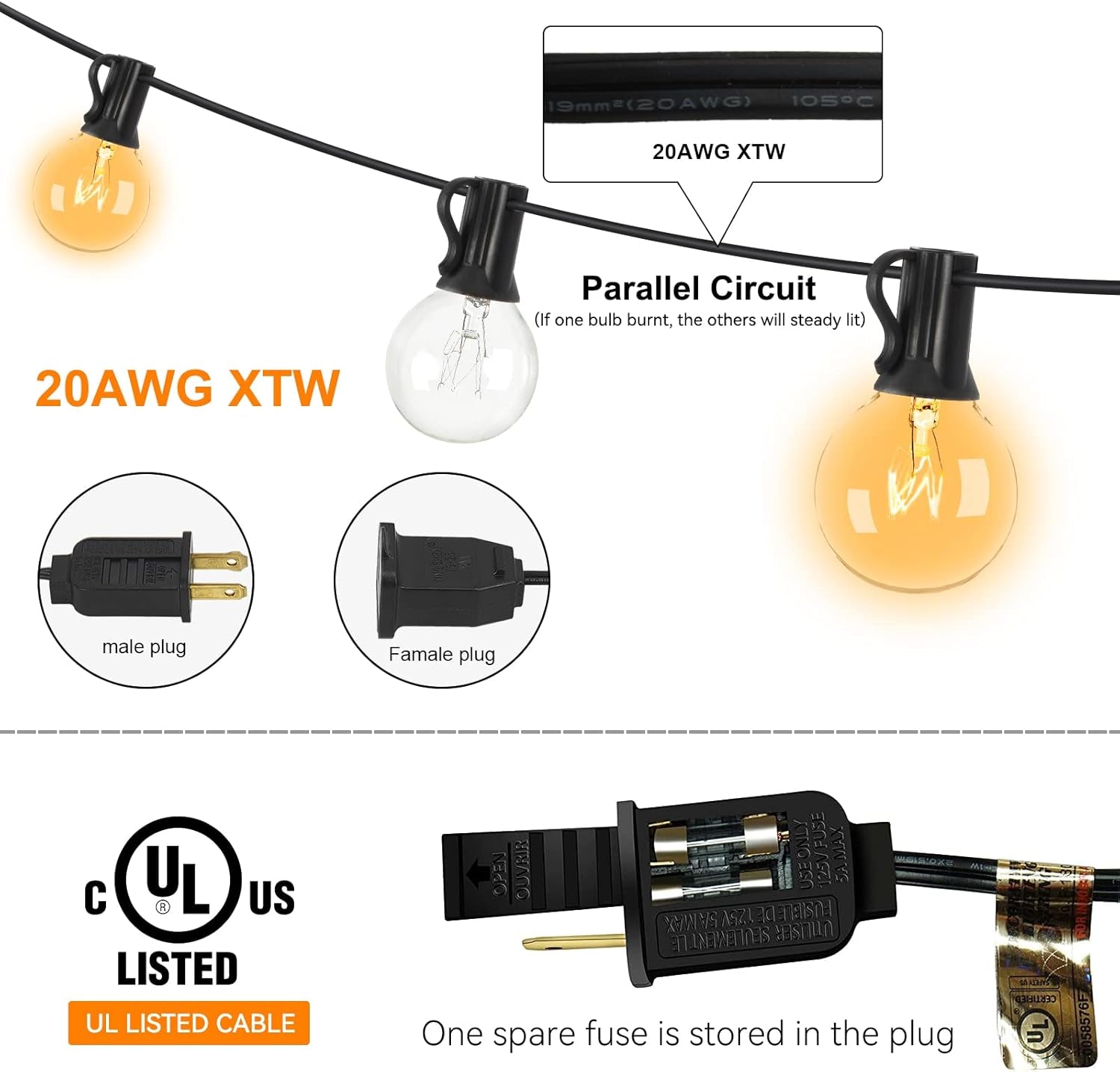 Outdoor String Lights 100Feet Patio Lights with 105 G40 Edison Glass Bulbs(5 Spare) Globe Hanging Lights for Patio,Balcony Backyard,Camping,Party Decor,Waterproof Vintage String Lights for Outside