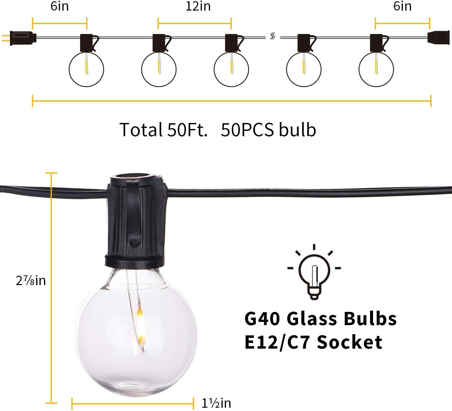 50Feet Led G40 Outdoor Patio String Lights with Ledclear Globe Bulbs, Warm White Ambience Indoor and Outdoor Lights for Patio Garden Backyard Bistro Pergola Tents Gazebo Decor,Black Wire
