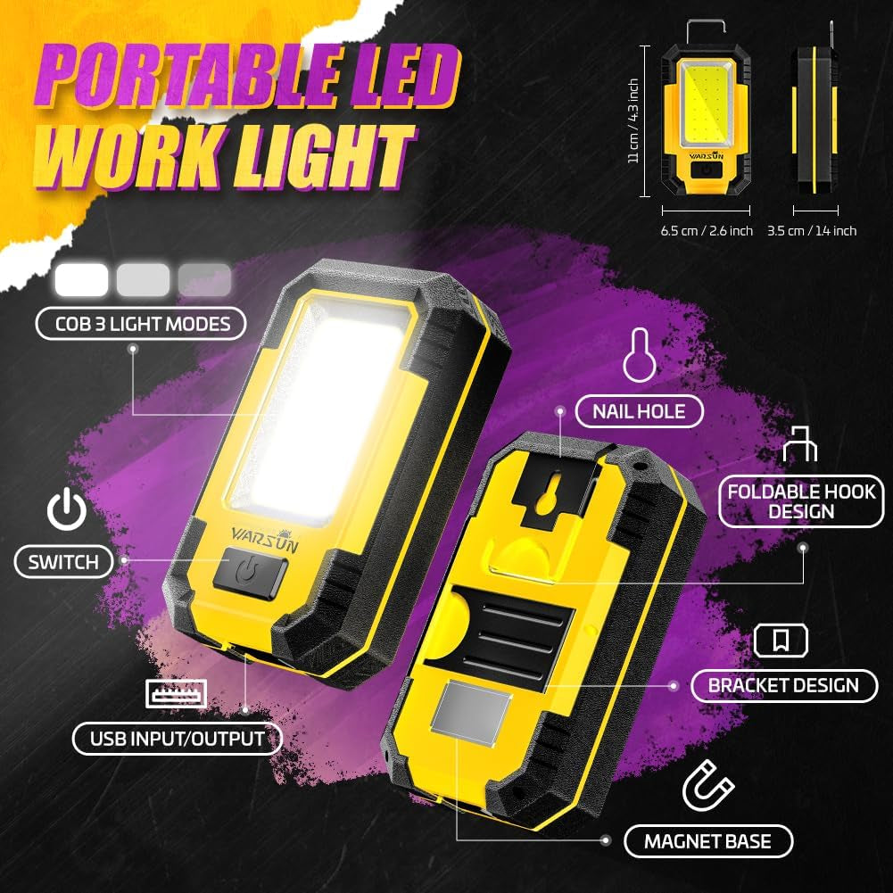Rechargeable Work Light LED Magnetic Mechanic Light Portable Worklight for Camping Car Repairing 1200 High Lumens Bright Yellow