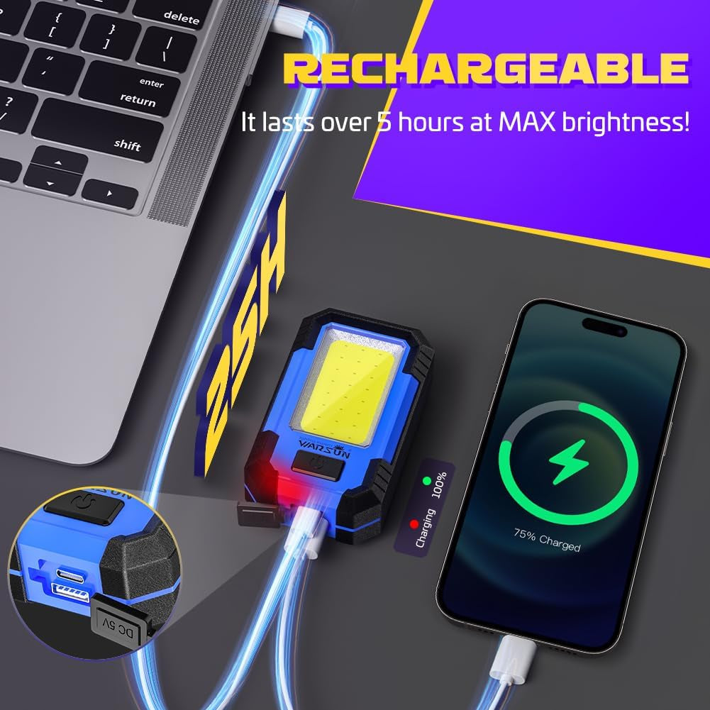 LED Work Light Rechargeable Magnetic Portable Mechanic Worklight Battery Powered 1200 Lumens Super Bright for Car Repairing, Camping, Hiking, Gifts for Dad, Blue