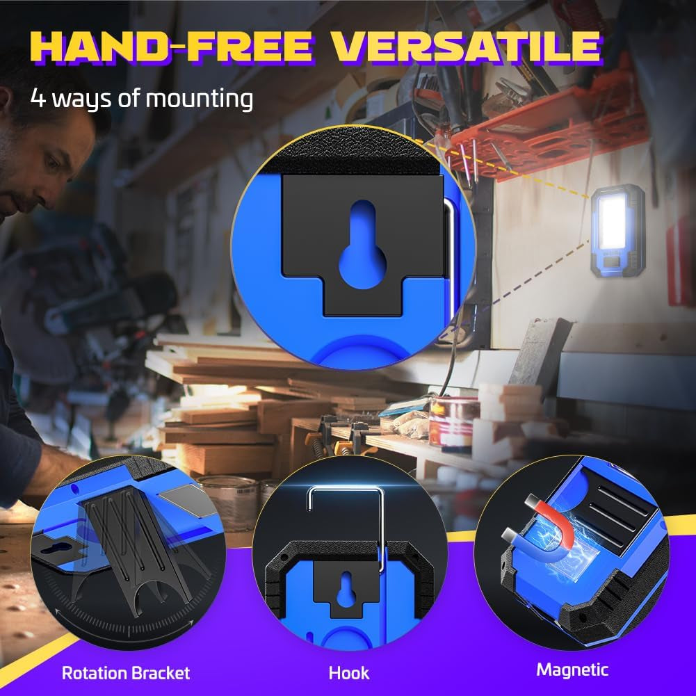LED Work Light Rechargeable Magnetic Portable Mechanic Worklight Battery Powered 1200 Lumens Super Bright for Car Repairing, Camping, Hiking, Gifts for Dad, Blue