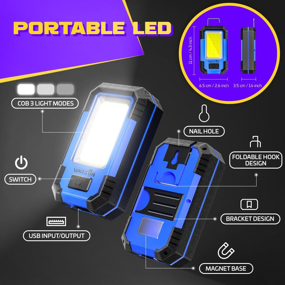 LED Work Light Rechargeable Magnetic Portable Mechanic Worklight Battery Powered 1200 Lumens Super Bright for Car Repairing, Camping, Hiking, Gifts for Dad, Blue