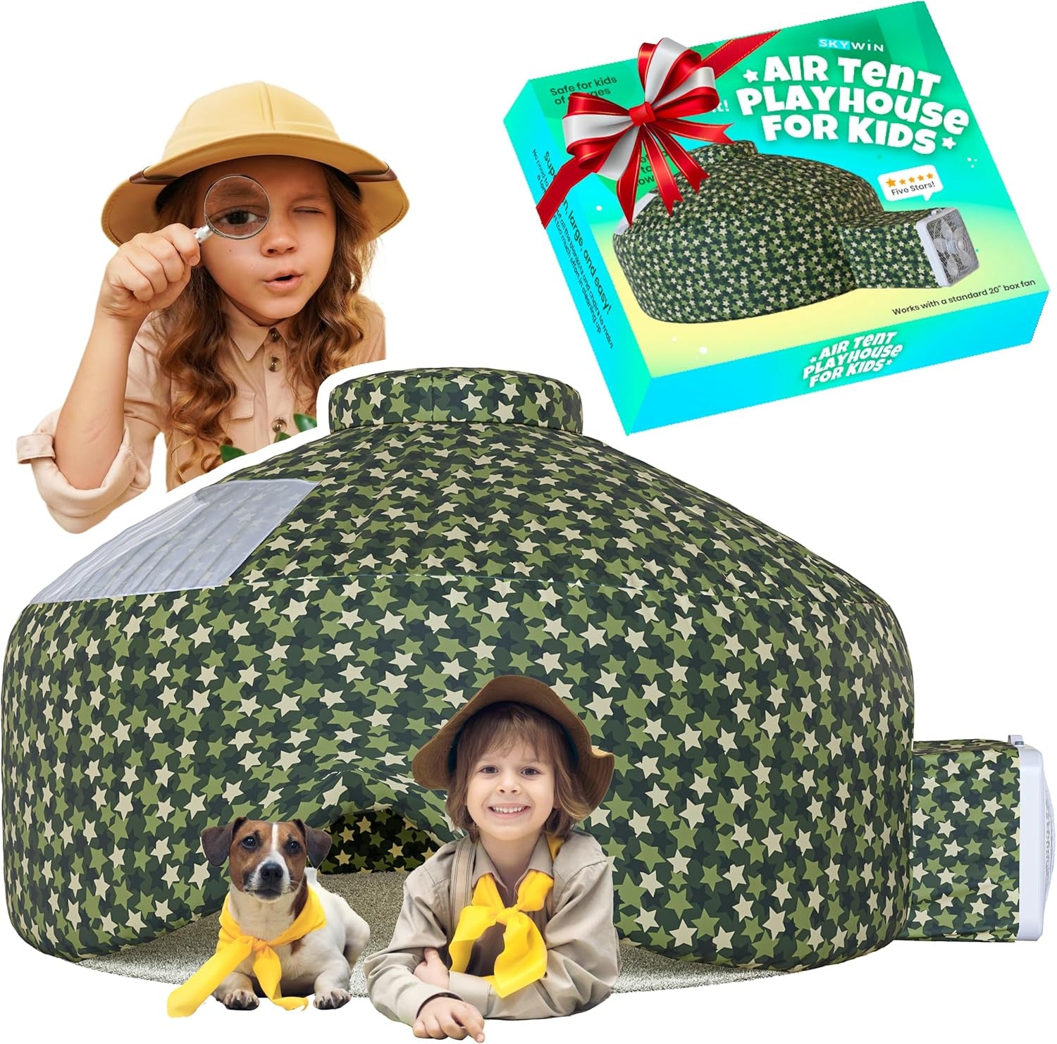 Inflatable Tent for Kids (Camo Dark Grey), Inflatable Air Tent for Kids Sets up and Stores Away in Seconds, Improved Blow up Fort (Fan NOT Included) (Camo Stars)