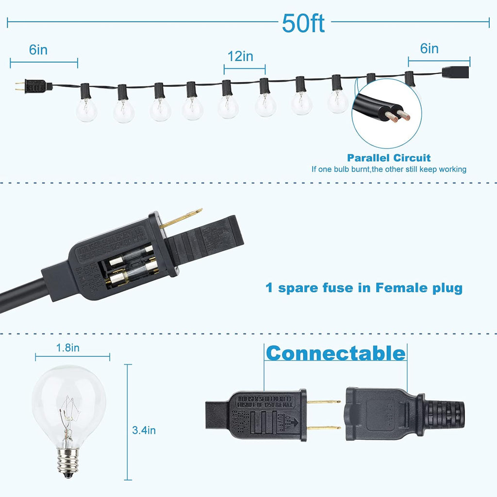 G40 Globe String Lights 2700K with 52 Edison Glass Bulbs(2 Spare)