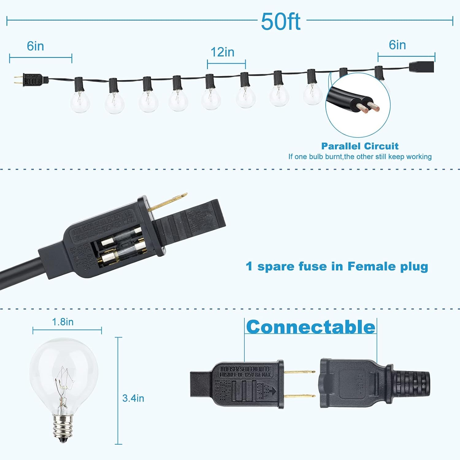 G40 Globe String Lights 2700K with 52 Edison Glass Bulbs(2 Spare)