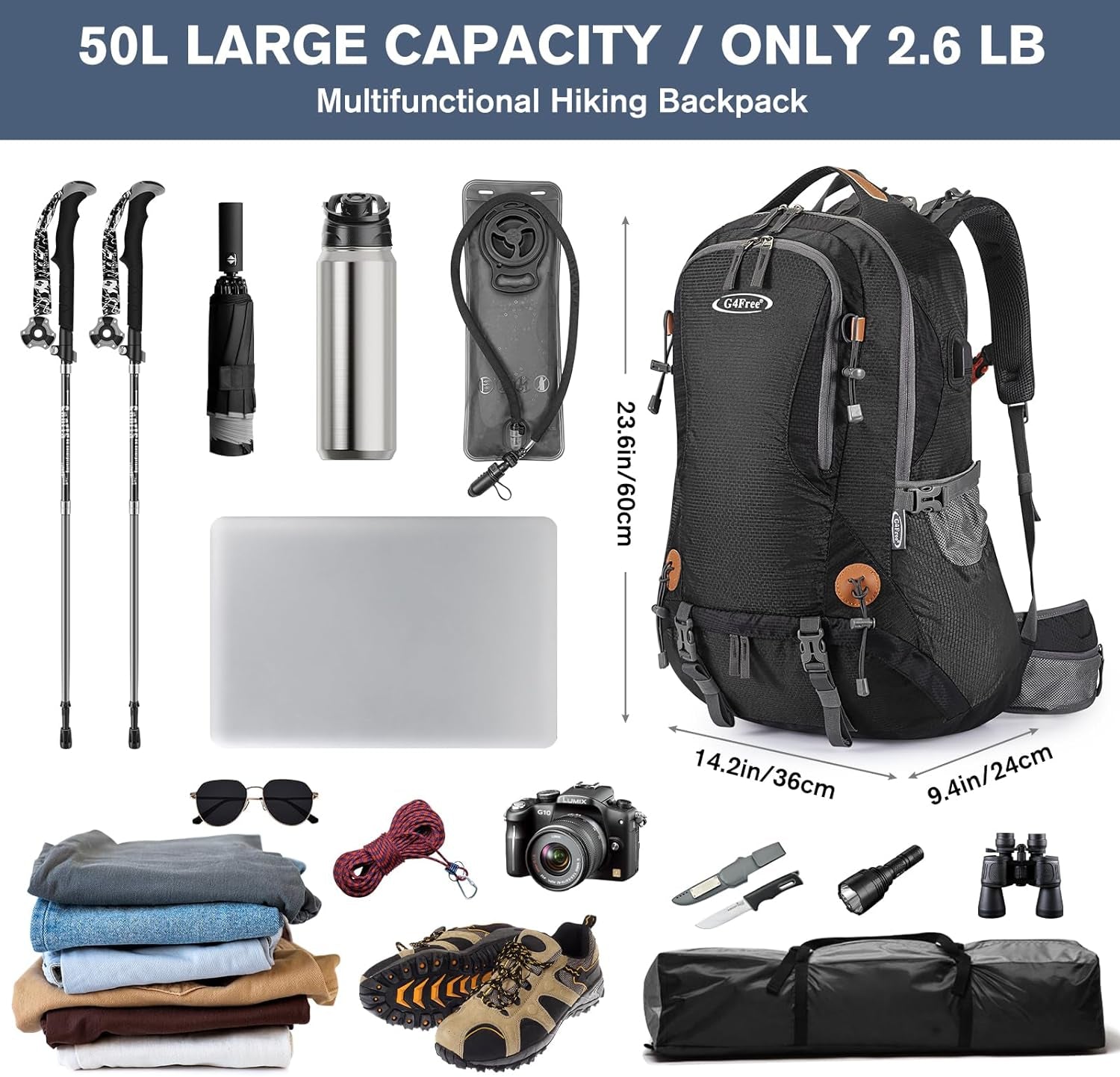 50L Hiking Backpack Waterproof Daypack Outdoor Camping Climbing Backpack with Rain Cover for Men Women