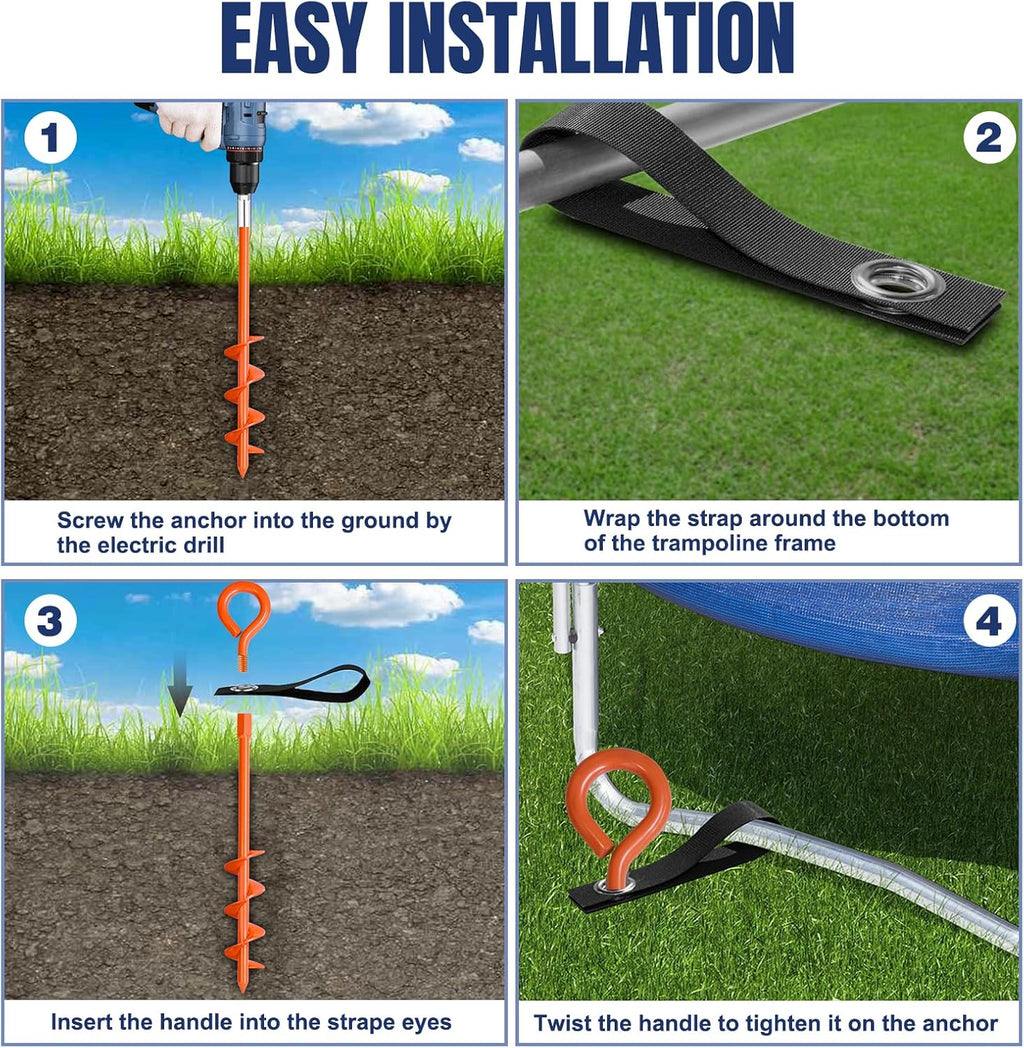 USA Trampoline Stakes Screw in Tent Stakes Parts Heavy Duty for Canopies,4-Pack Outdoor Anchor Kit with Straps(Orange)