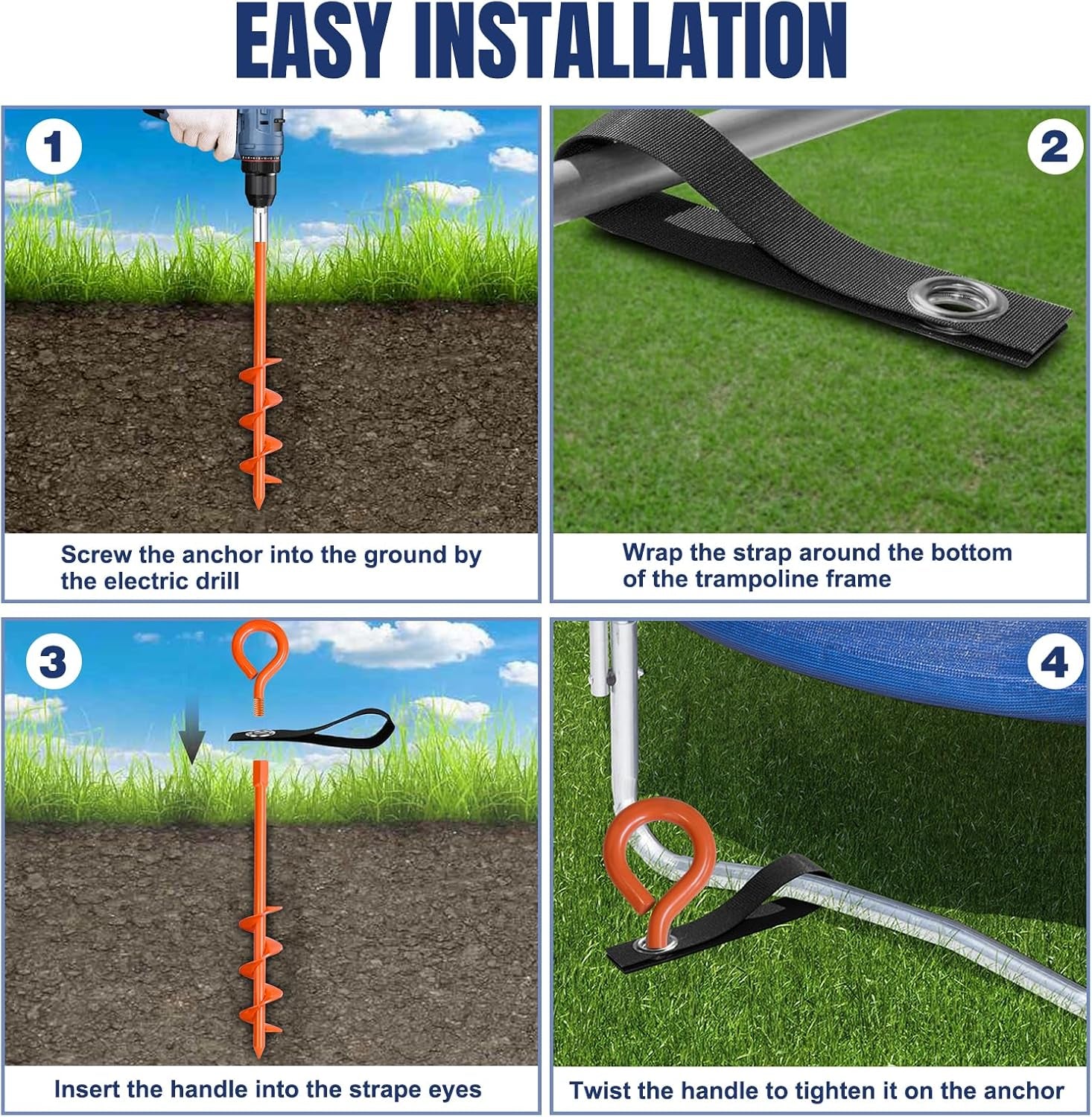 USA Trampoline Stakes Screw in Tent Stakes Parts Heavy Duty for Canopies,4-Pack Outdoor Anchor Kit with Straps(Orange)