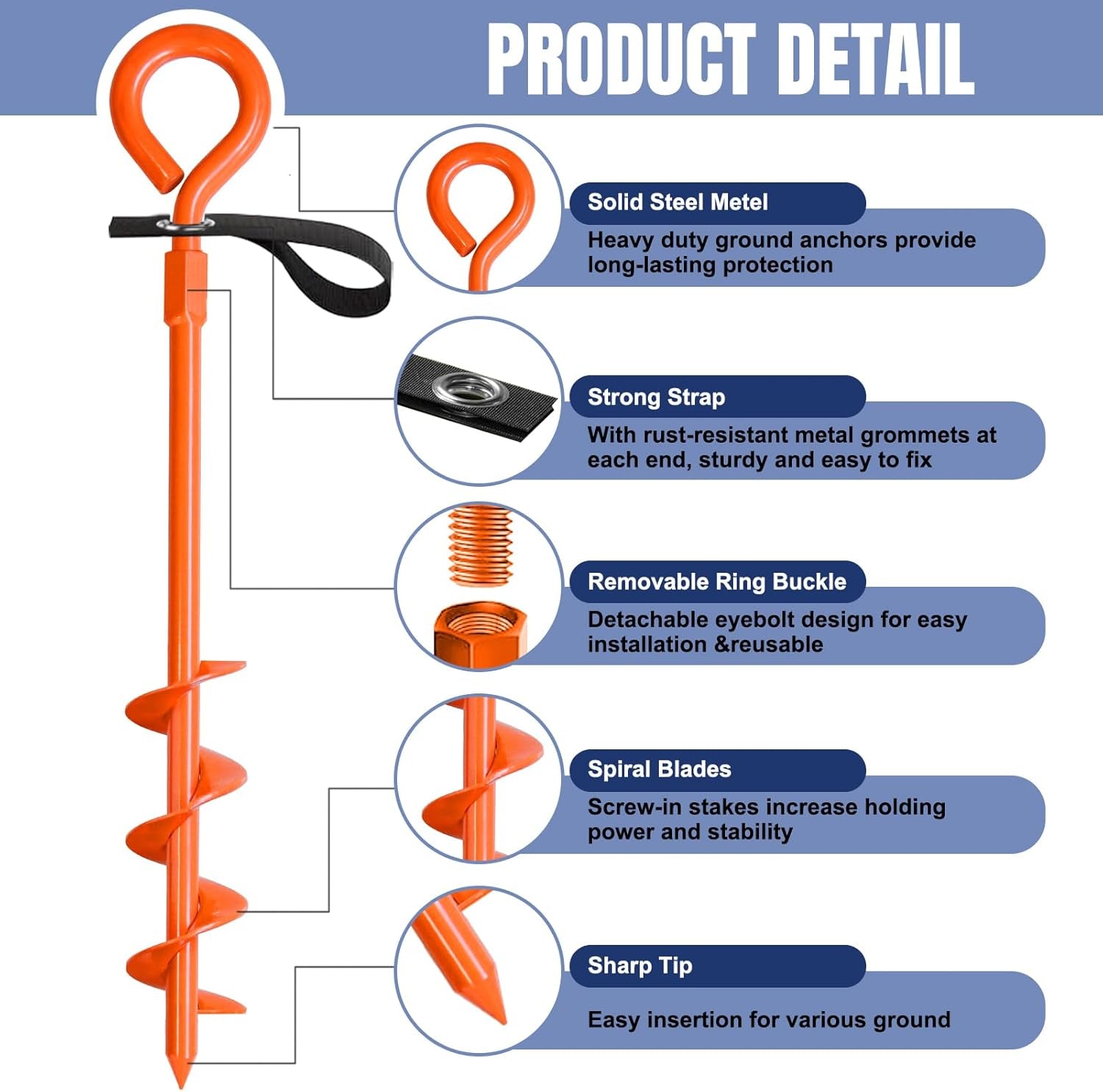 USA Trampoline Stakes Screw in Tent Stakes Parts Heavy Duty for Canopies,4-Pack Outdoor Anchor Kit with Straps(Orange)