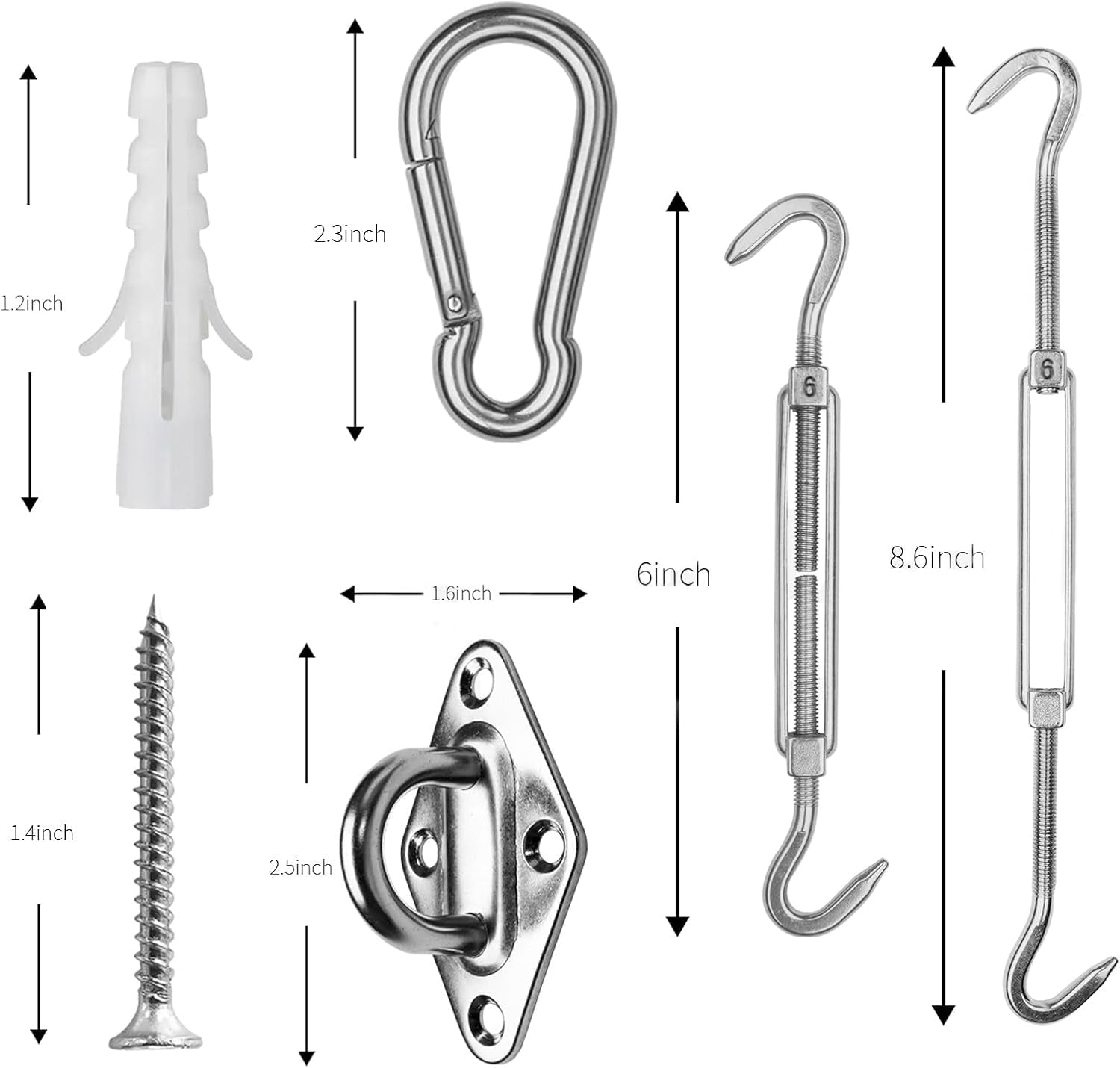 Sun Shade Sail 316 Stainless Steel Hardware Kit 6 Inch for Rectangle Shade Sail Installation for Backyard Yard Deck Patio Garden